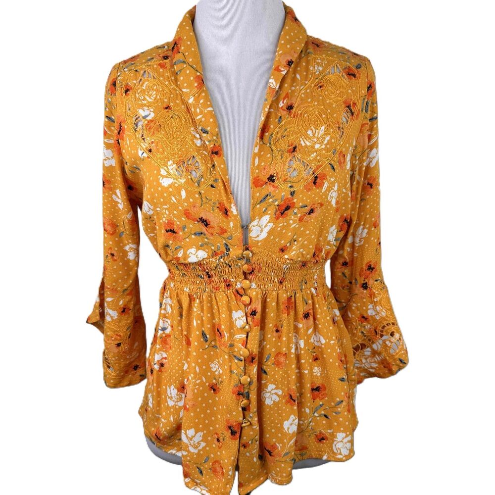 Idyllwind Mustard Yellow Long Sleeve Floral Button-Front Plunge Blouse Size XS